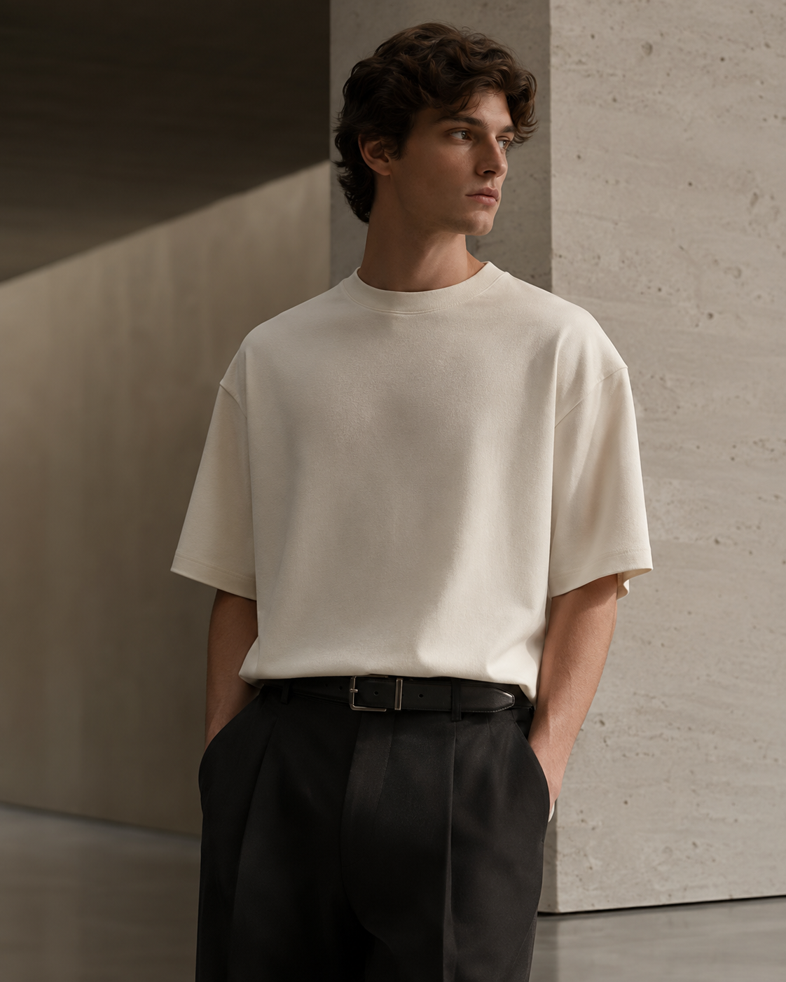 A man wearing a cream-colored short-sleeve knit t-shirt and black trousers, standing in a minimalist concrete-walled corridor.